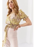 Bluza scurta plic floral cu curea, bej si galben 02041 - Magazin online - Boutique